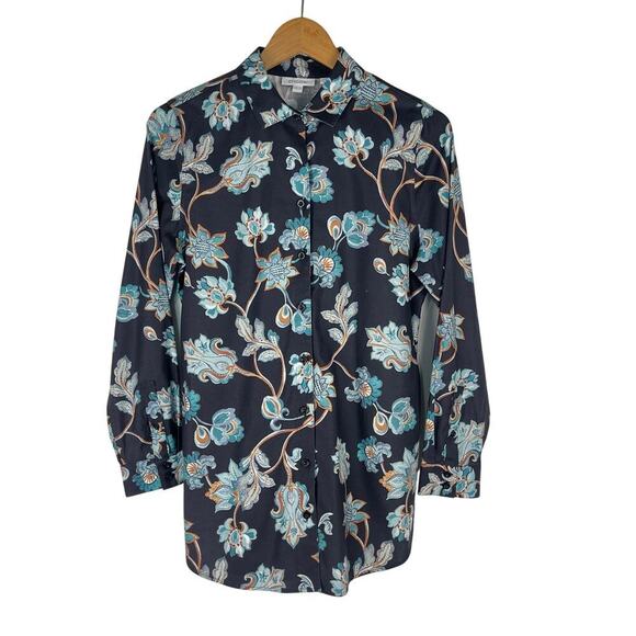 Chico's No Iron Stretch Floral Paisley Tunic Navy Button Front Women's 0.5 US 6 - Picture 1 of 10